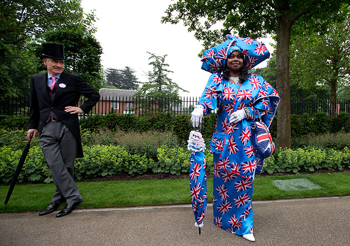 Ladies day at Ascot: Genie Williams dressed in a union jack dress