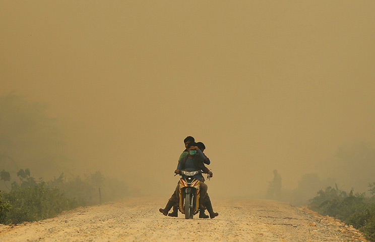 Singapore smog: Villagers ride a motorcycle in a haze hit Dumai, in Indonesia's Riau provin