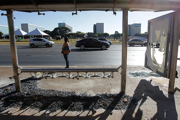 Brazil Protests: shattered bus stop in Brasilia