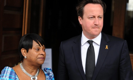 David Cameron alongside Doreen Lawrence, mother of Stephen Lawrence, before a  memorial service at St Martins-in-the-Fields Church in April 2013 for Stephen on the 20th anniversary of his murder.