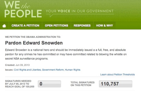 A petition to pardon Edward Snowden had nearly 111,000 signatures as of the morning of 24 June.
