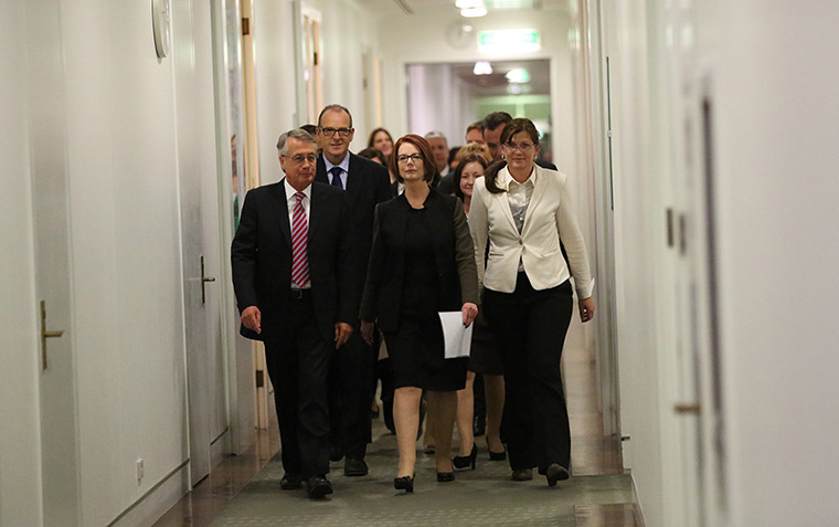 Labor leadership: Wayne Swan, Julia Gillard and Kate Lundy arrive for the caucus vote on lead