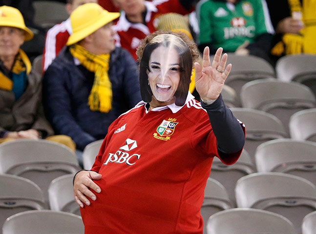Lions: A British and Irish Lions' fan dressed as a pregnant Duchess of Cambridge
