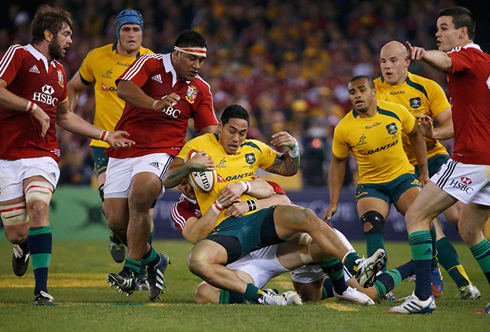 Lions gallery 2: James Heaslip and Ben Youngs combine to stop Joe Tomane 