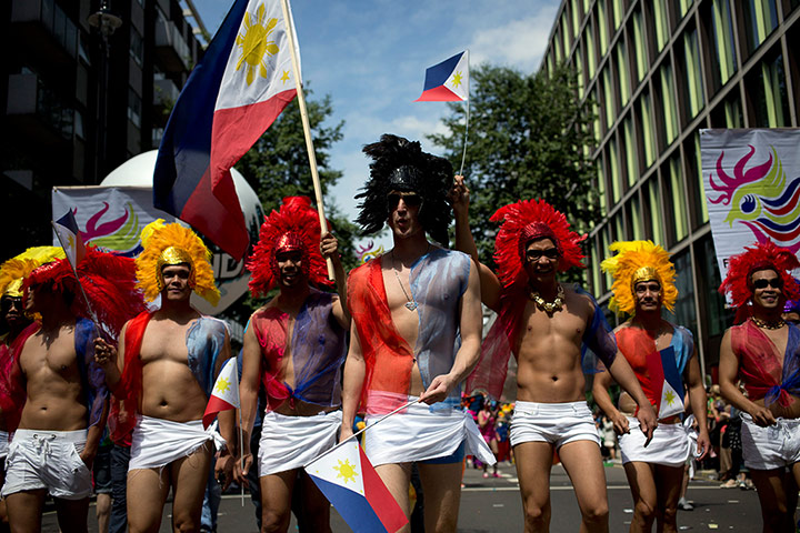 London Pride: Participants in the Pride parade hold Philippine flags