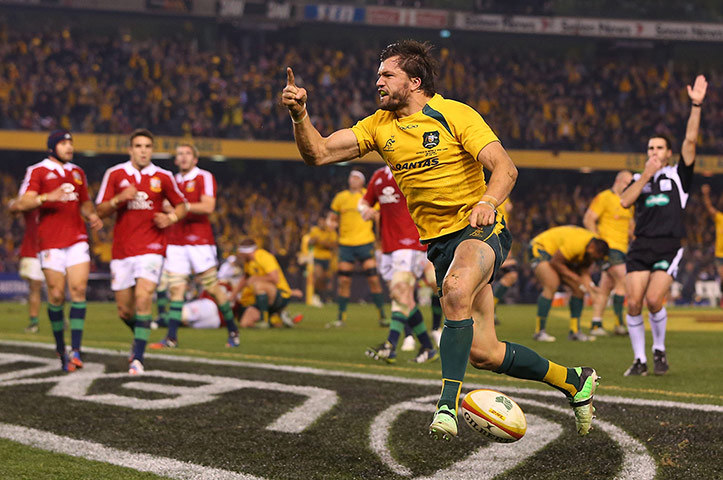 lions gallery 3: Adam Ashley-Cooper of the Wallabies celebrates scoring a try