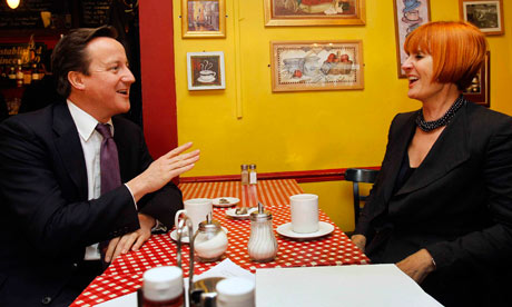 David Cameron chats with Mary Portas at a cafe 