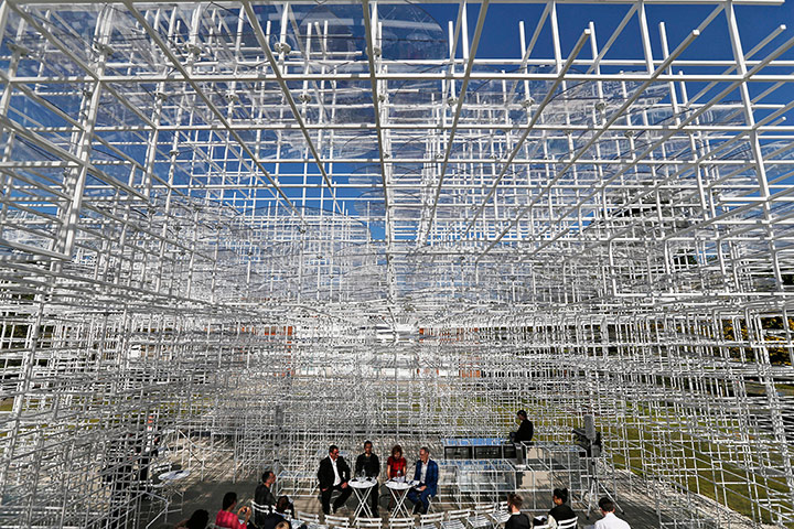 Serpentine pavilion: A view of the cafe inside Sou Fujimoto pavilion