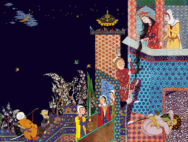 Tehran Bureau: Zaul climbs the walls of the gaurded castle to embrace his lover, Rudabeh 