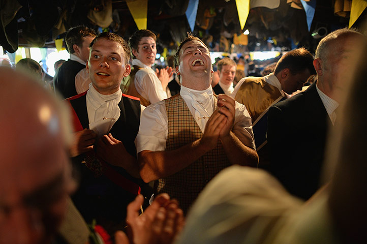 Hawick common riding: Riders and followers in the hut at St Leonard's