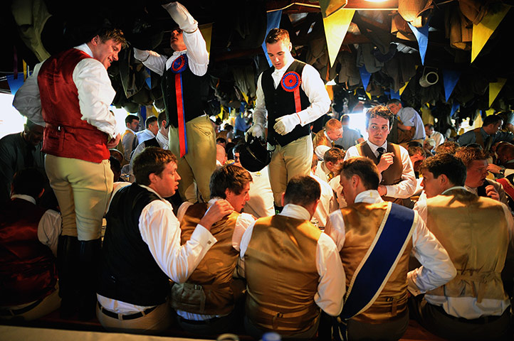 Hawick common riding: Riders and followers in the hut at St Leonard's
