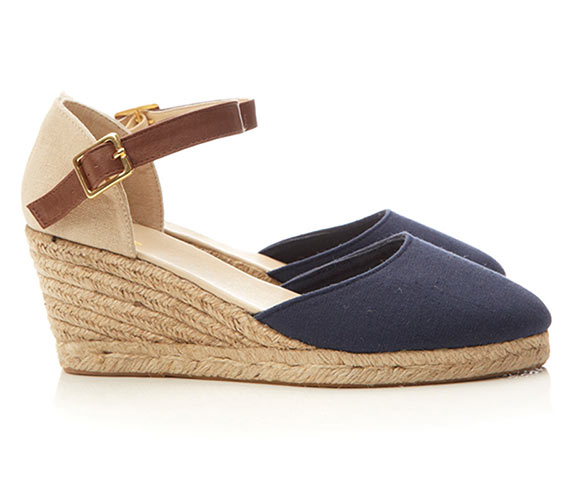 Espadrilles: Navy and cream espadrille wedges with brown strap by Wallis