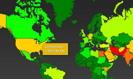 The color scheme ranges from green (least subjected to surveillance) through yellow and orange to red (most surveillance). Note the '2007' date in the image relates to the document from which the interactive map derives its top secret classification, not to the map itself.