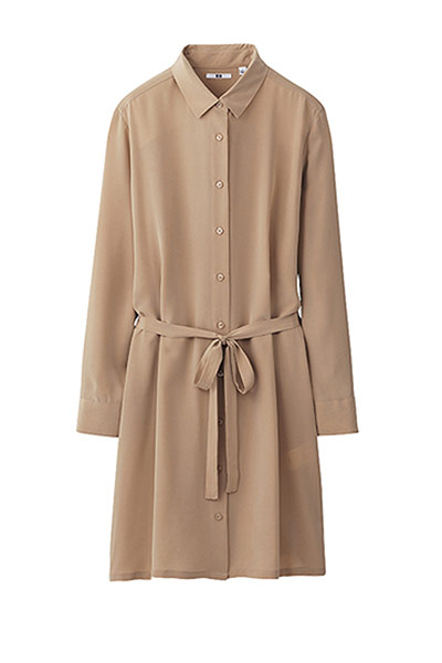 Dresses with sleeves: Dresses with sleeves - tan belted shirt dress by Uniqlo