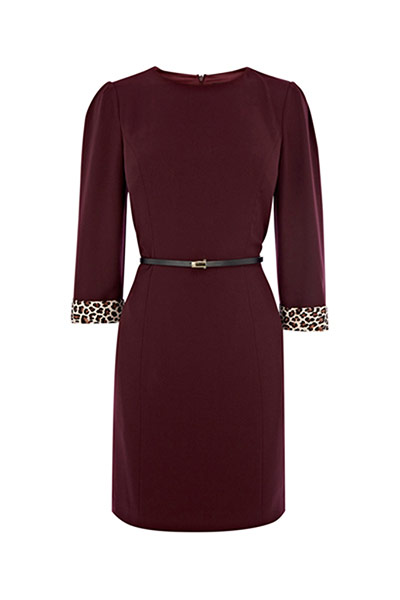 Dresses with sleeves: Dresses with sleeves - belted maroon dress with leopard cuff by Oasis