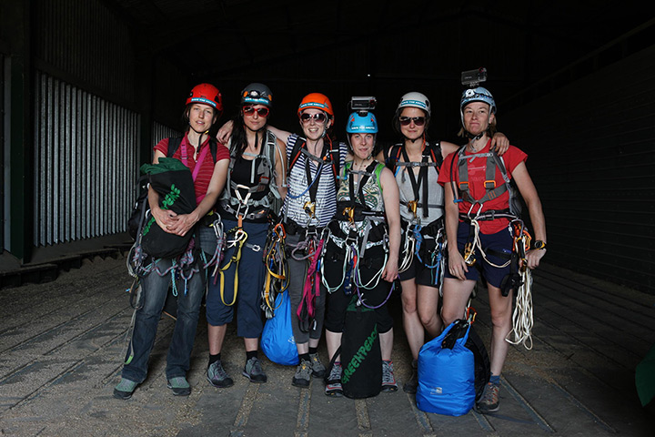 Greenpeace Shard: The six women climbers (left to right) Sabine Huyghe (Belgium), Sandra Lamb