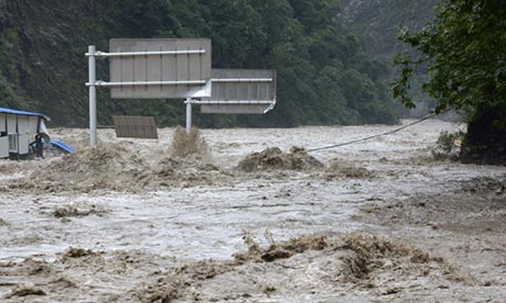 Part of the flooded Hanwang-Qingping road in Mianzhu, Sichuan province.