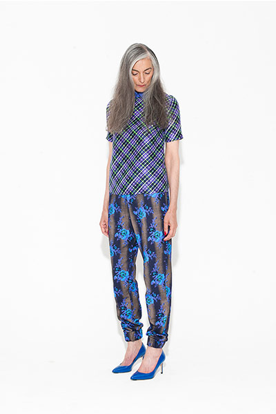 All Ages: patterned top black purple green short sleeves blue black patterned trouser