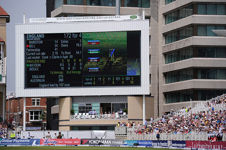 ahses day three: The big screen shows the DRS refererral that gave Ian Bell not out 