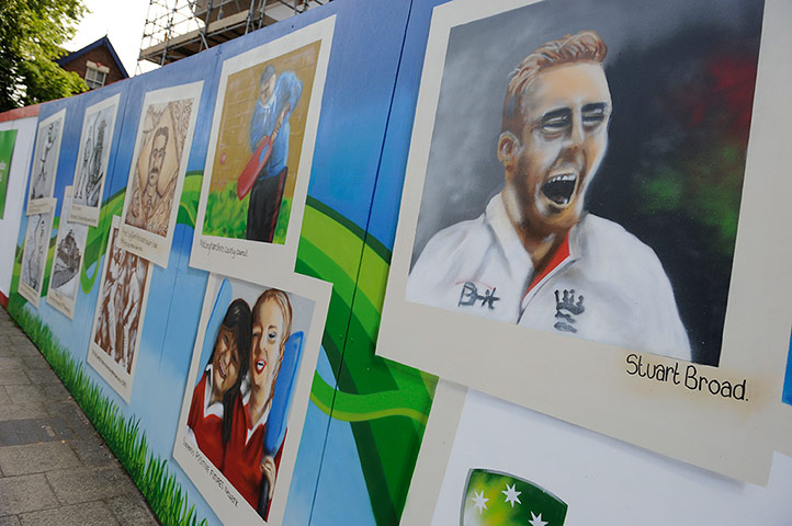 ashes day 4: mural by local children  depicting local hero Stuart Broad