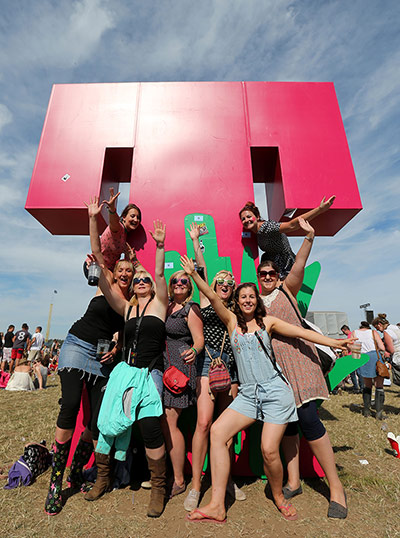 Festivals: Music fans beside the giant T during the 20th T in the Park music festival 