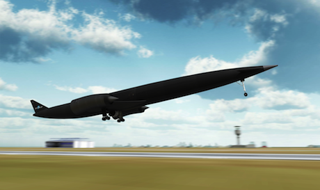 An artist's impression of the Skylon taking off from a runway.