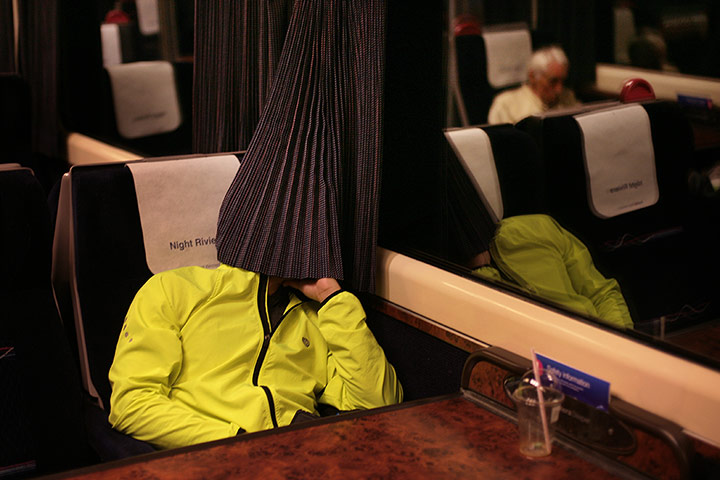 Night Riviera: A passenger beds down for the night in 'cattle class'