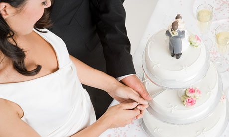Bride and groom cutting a wedding cake