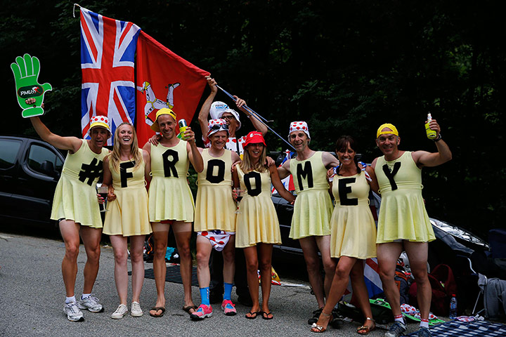 Tour de France Stage 19: Britain's supporters wearing dresses rea