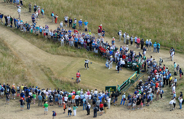 Open Golf : Bubba Watson of the United States tees off on the 11th hole