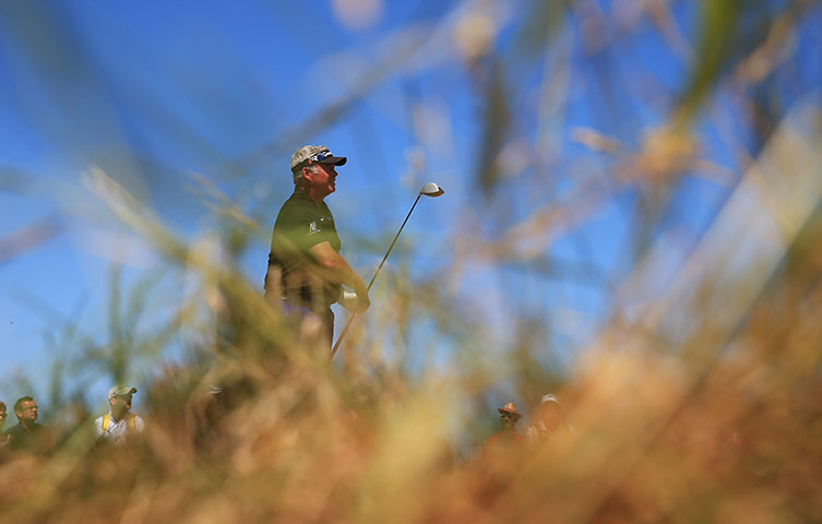 Open Golf : Darren Clarke of Northern Ireland tees off on the 17th - second round