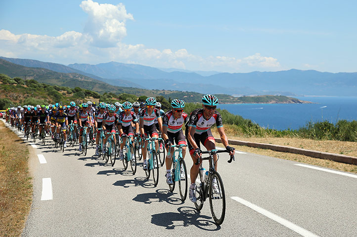 Tour de France stage 3: Jens Voigt of Radioshack Leopard leads the peloton along the Corsican coast