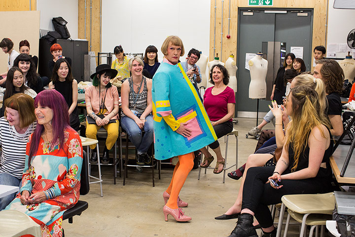 Grayson Perry models a dress by Stefan Cooke