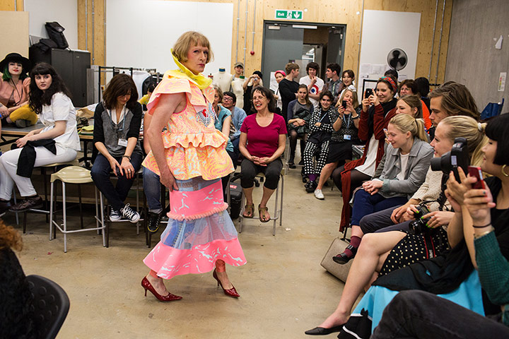 Grayson Perry models a dress by Jane Tan