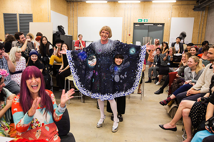 Grayson Perry models a dress by Ayaka Sakurai