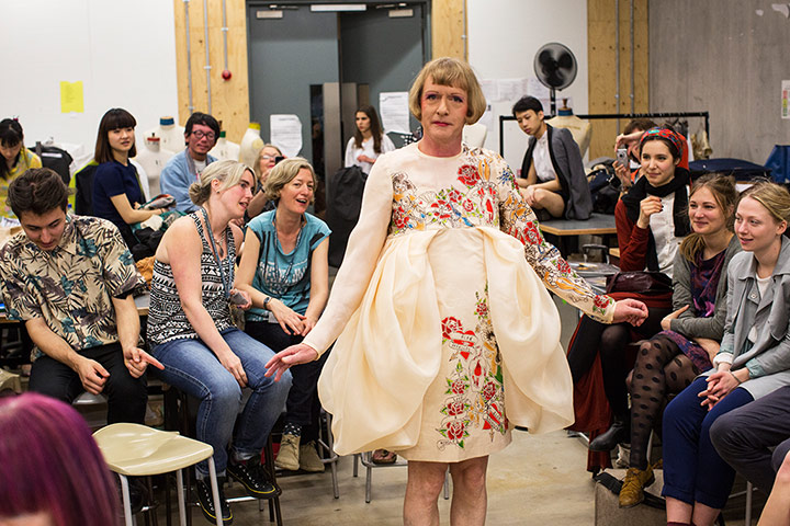 Grayson Perry models a dress by Line Bech