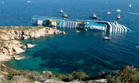 The Costa Concordia cruise liner lies on its side off the Italian island of Giglio