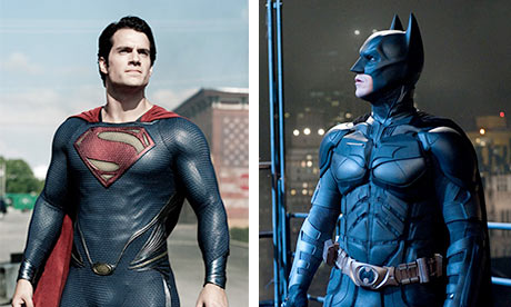 Henry Cavill as Superman in Man of Steel and Christian Bale as Batman in the Dark Knight trilogy