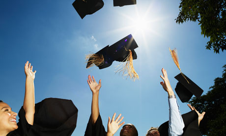 Group of graduates throwing mortar boards in air