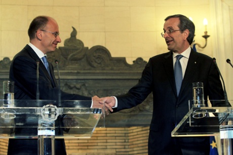 Greek PM Antonis Samaras (right) and his Italian counterpart Enrico Letta (left.)