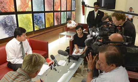 Bolivian defence minister Ruben Saavedra Soto speaks to journalists