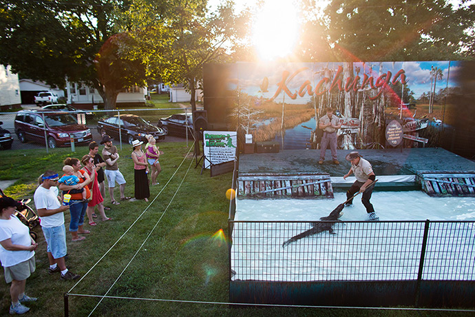 Iowa fair: David 'Kachunga' Castillo tries to catch an American alligator during a per