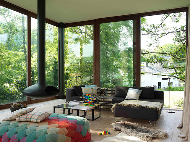 Homes - Welsh House: Living room with floor to ceiling windows 