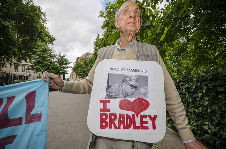 Bradley Manning protests: Supporters hold a small rally outside the American Embassy in Grosvenor Squ