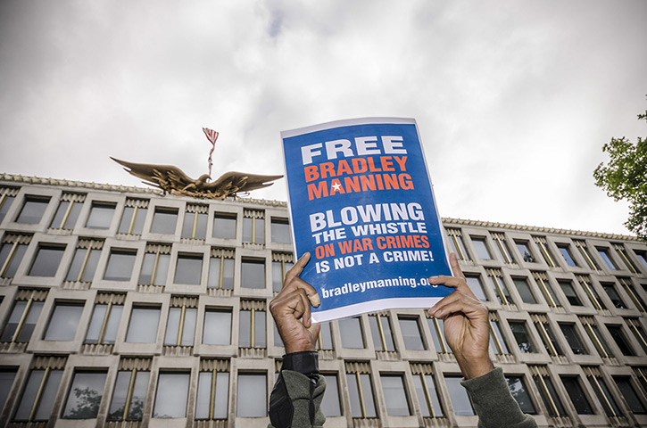 Bradley Manning protests: A supporter holds a sign outside the US Embassy in London