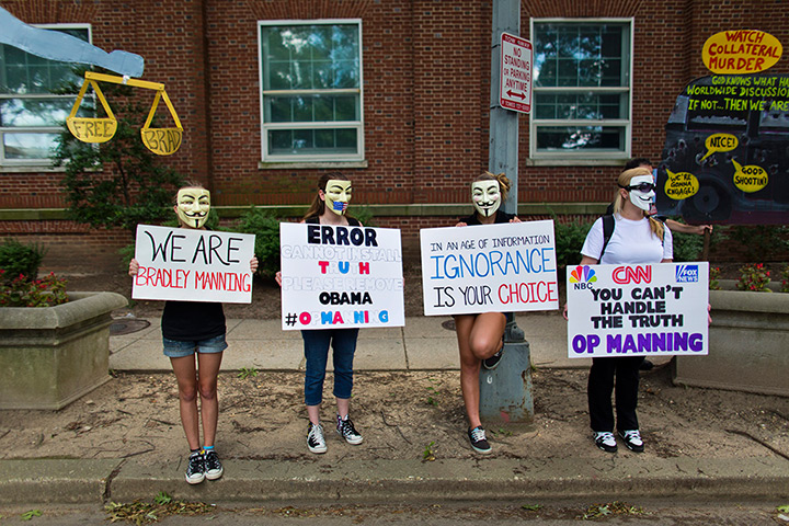 Bradley Manning protests: Members of the Bradley Manning Support Network hold a demonstration outside