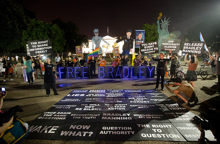 Bradley Manning protests: Supporters demonstrate in front of the White House during a night time rall