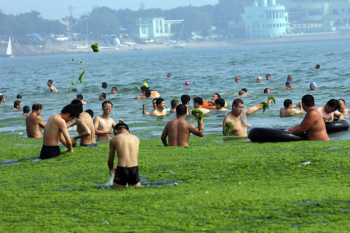 China algae: Chinese beachgoers throuw the algae