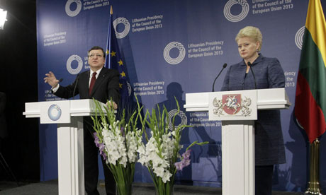 José Manuel Barroso, the European commission president, and Dalia Grybauskaitė, Lithuania's president, have backed down from initial demands of two strands of dialogue with the Americans. Photograph: Valda Kalnina/EPA