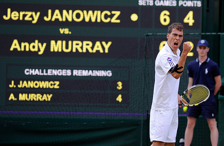 Andy Murray's Semi: Jerzy Janowicz celebrates in the 1st set tie-break